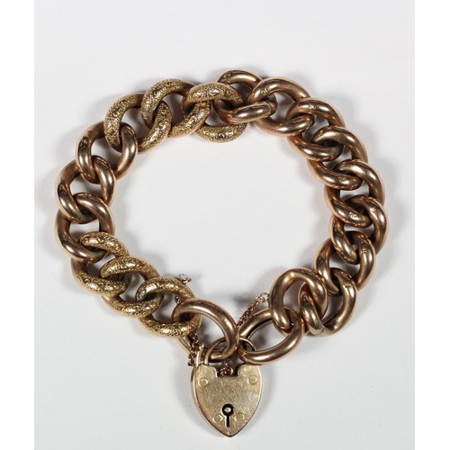 119 - An Edwardian 9ct rose gold hollow curb bracelet, Birmingham 1906, with plain and textured links, hea... 