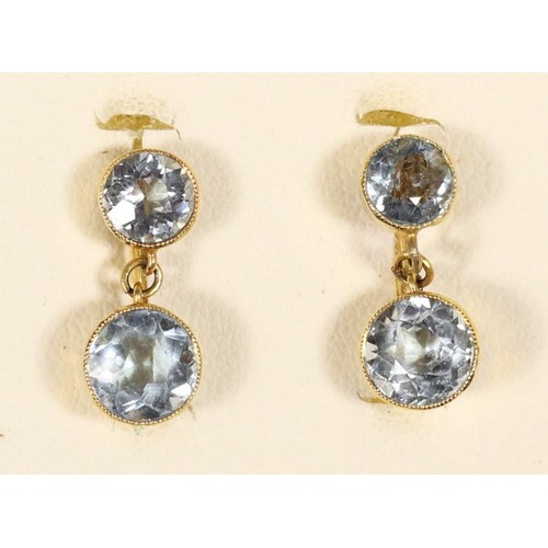 120 - An Edwardian 15ct gold pair of aquamarine drop ear rings, 15ct tab, screw fittings, drop 7mm diamete... 