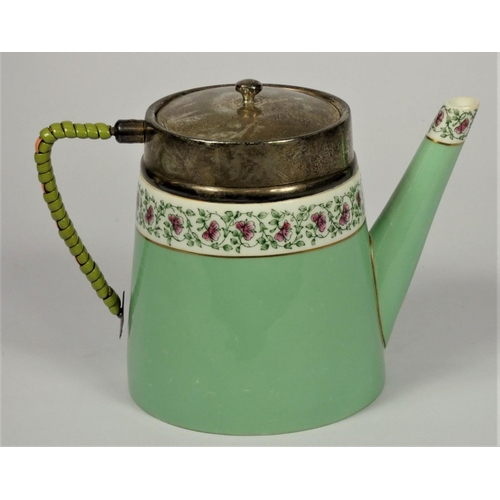 32 - A Royal Worcester silver mounted tea pot, design W9363, London 1933, puce marks for 1926, cane wrapp... 