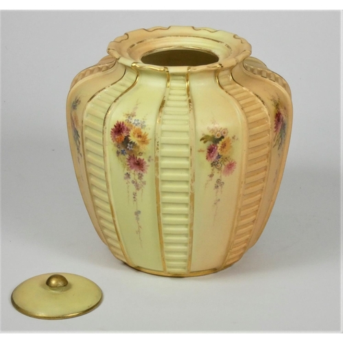 33 - A Royal Worcester blush ivory tea caddy, pattern 1808, decorated with floral sprays, puce marks for ... 