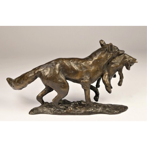 60 - Linda Frances (contemporary), a cast bronze group of vixen carrying a cub, signed LF, 21 x 7 x 11cm.... 