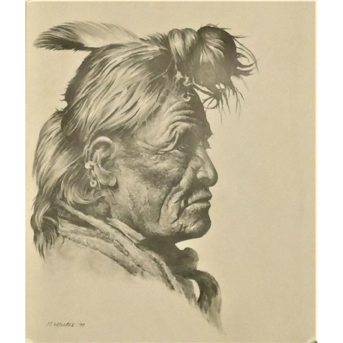 62 - Mike Wallace (late 20th century), Native American brave, pencil sketch, signed and date 99, 52 x 38c... 