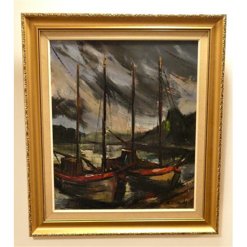 70 - Mediterranean school, c.1980's, Fishing boats at a quayside, oil on canvas, indistinctly signed, 53 ... 