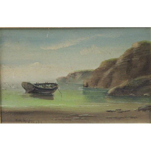 71 - E.K. Redmore (1860-1941), Great Yarmouth fishing boat, and Rowing boat at anchor, both oil on card, ... 