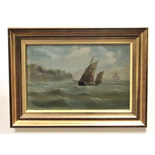 71 - E.K. Redmore (1860-1941), Great Yarmouth fishing boat, and Rowing boat at anchor, both oil on card, ... 