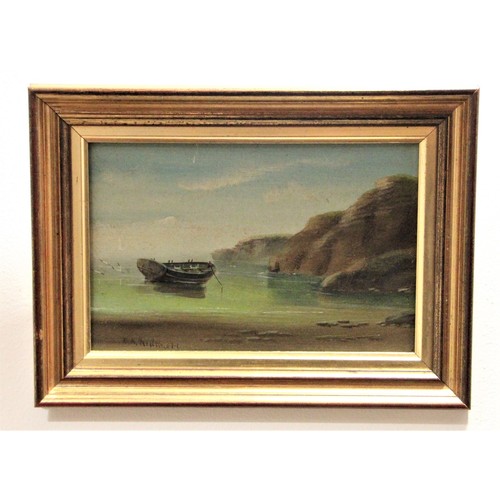 71 - E.K. Redmore (1860-1941), Great Yarmouth fishing boat, and Rowing boat at anchor, both oil on card, ... 