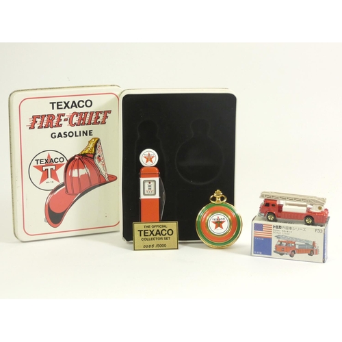 85 - A Tomica NoF33 American Ladder Chief (1:143 scale), original box, together with a Texaco Fire-Chief ... 