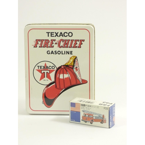 85 - A Tomica NoF33 American Ladder Chief (1:143 scale), original box, together with a Texaco Fire-Chief ... 