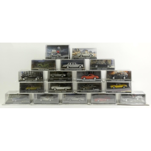 87 - A collection of eighteen James Bond Die-cast vehicles, 1/43 scale, original packaging, attached to t... 