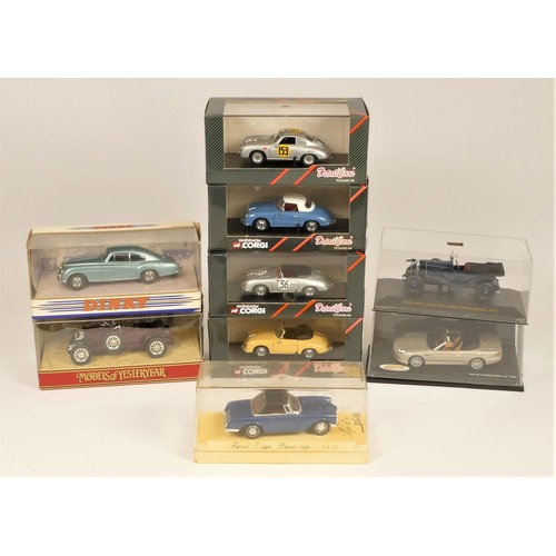 91 - Nine die cast 1:43 scale models; Detail Cars, Porsche 356 x4, Dinky 1955 Bentley R, Yesteryear 1930 ... 