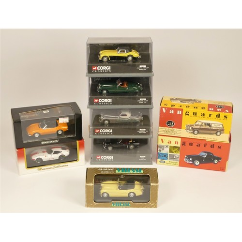 92 - Nine die cast 1:43 scale models; Corgi Classics Jaguar XK120 x 2, Austin Healy, Triumph TR3A, Minich... 