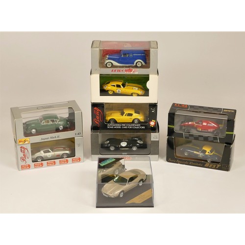 93 - Nine die cast 1:43 scale models; Bang Ferrari 250 SWB, 250 GT, Best Jaguar Tipo E, Retro Vitesse M-B... 