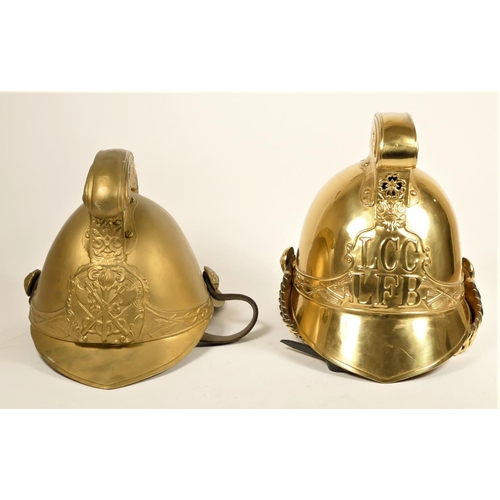 114 - A Merryweather Fire Helmet, brass with decorated high comb, LCC LFB crest to front complete with lin... 