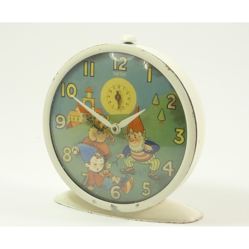 120 - Four Smith's character wind alarm clocks, including two depicted Noddy being woken with automated no... 