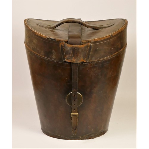 155 - A double silk lined leather top hat box, with leather strap hinged lid, together with a hunting jack... 