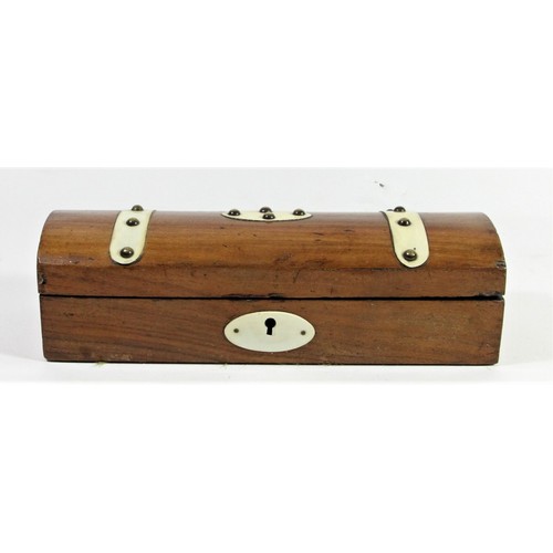 239 - A mahogany and ivorine mounted domed pistol box, opening to reveal a fitted interior, 26 x 9 x 7cm