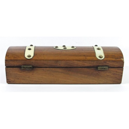 239 - A mahogany and ivorine mounted domed pistol box, opening to reveal a fitted interior, 26 x 9 x 7cm