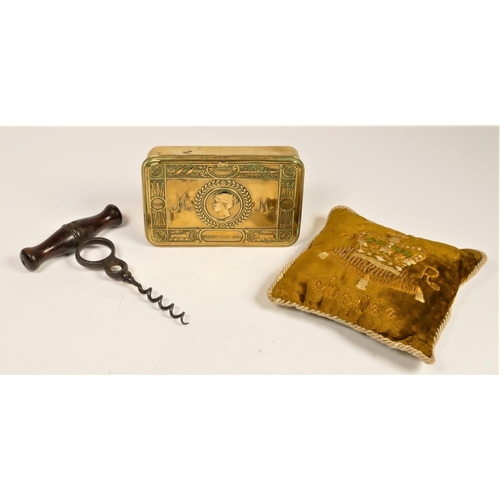 250 - A Queen Mary brass Christmas 1914 box, a Queen Victoria Jubilee pin cushion and a Victorian direct p... 