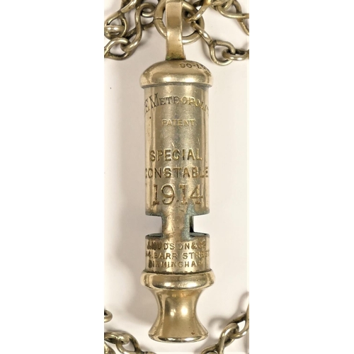 255 - A WWI Special Constable The Metropolitan Whistle, dated 1914, patent number 5727.08, chain