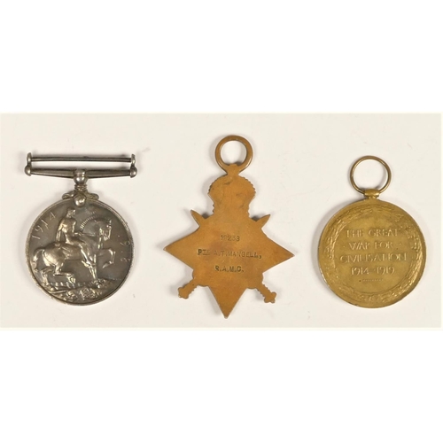 266 - WWI group of three, awarded to 18238 Pte A.T. Mangell, R.A.M.C., August 1914 Star, 1914-1918 and Vic... 