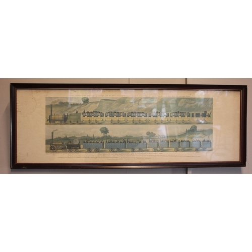 42 - A framed print of two passenger trains on the Liverpool & Manchester Railway 1831, 32 x 89 cm