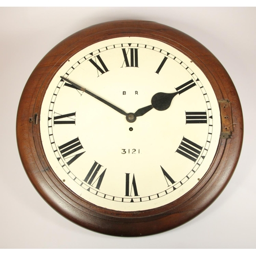 60 - A 17 inch mahogany round case fusee railway clock,  with a rectangular plated chain driven English f... 