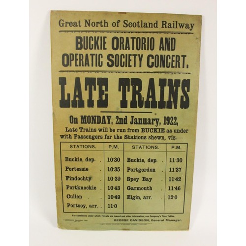 128 - A Great North of Scotland 'late trains' board notice, 44 x 28 cm