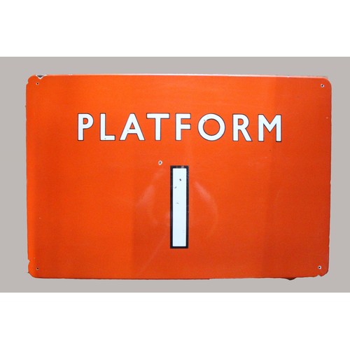 134 - An enamel tangerine B.R. (N.E.R.) 'platform 1' fully flanged sign, 61 x 92 cm