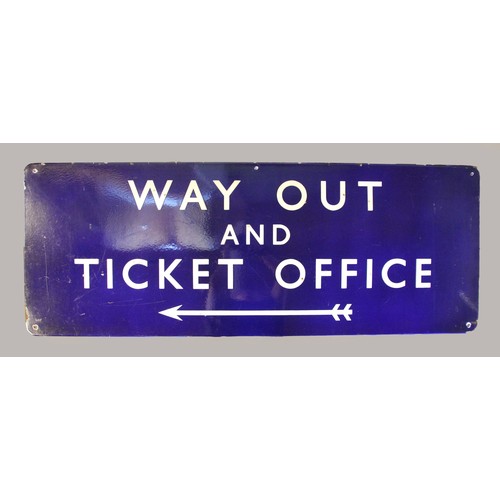 135 - An enamel dark blue B.R. (E) 'Way Out and  Ticket Office' fully flanged sign, 45 x 122 cm