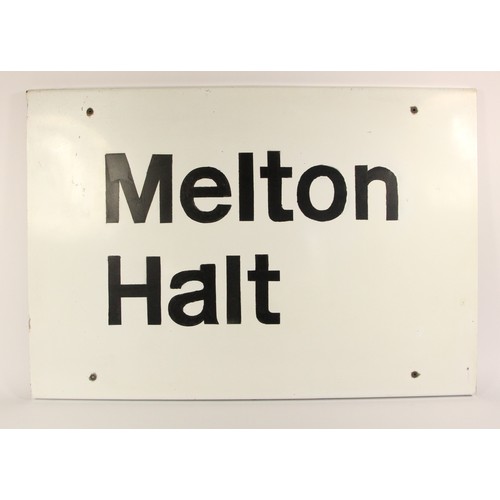 137 - A metal station running-in sign 'Melton Halt', 50 x 71 cm

The station was a small halt between Nort... 