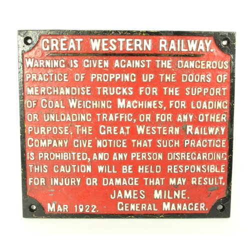 139 - A G.W.R cast iron sign 'Danger of propping up truck doors for coal weighing machines' issued in 1922... 