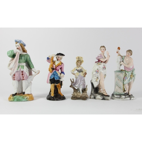 96 - Five 19th century continental porcelain figurines depicting characters performing, marked to bases