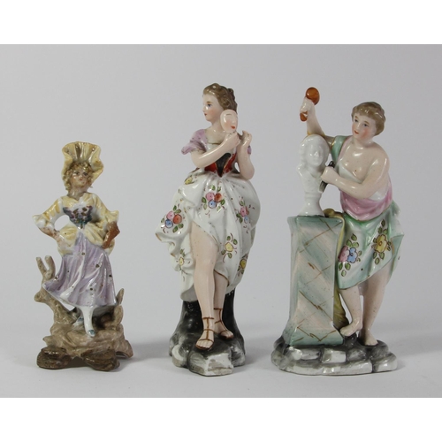 96 - Five 19th century continental porcelain figurines depicting characters performing, marked to bases