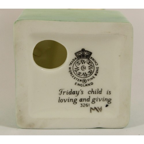 105 - Four Royal Worcester figurines to include, Friday's child is loving and giving (3261) 18cm, Thursday... 