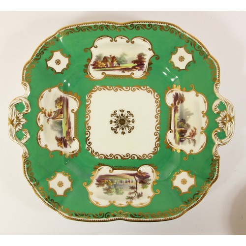 107 - A late 19th century trio, possibly Coalport, decorated with buildings, gilt borders and apple green ... 