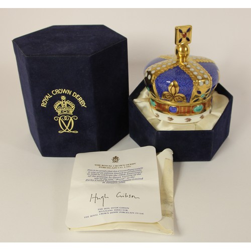 109 - A boxed Royal Crown Derby crown paperweight with silver plug, stamped 'One Hundred Royal Years 1890-... 