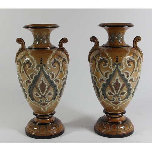 120 - A pair of Doulton Lambeth vases, brown glaze and mosaic pattern, designed by Mary Aitken, impressed ... 