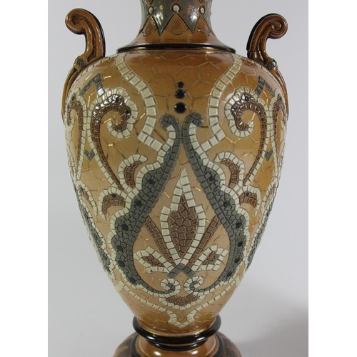 120 - A pair of Doulton Lambeth vases, brown glaze and mosaic pattern, designed by Mary Aitken, impressed ... 