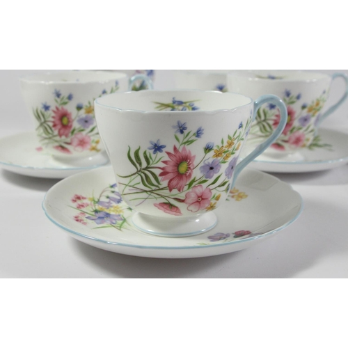 124 - A Shelley, England, Wild Flowers pattern 13668 six piece tea service to include, teacups 7x8cm, sauc... 