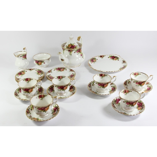 125 - A Royal Albert Country Roses six piece tea service to include, teacups 8cm, saucers 14cm, sandwich p... 