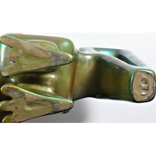 132 - Zsolnay, an iridescent Eosin Art Deco dog figurine, c.1960/70's, 17cm, makers mark, a cockerel of st... 