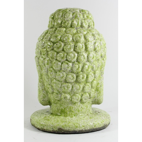 135 - A large hand potted terracotta bust of Buddha, lime green mottled glaze, 34cm