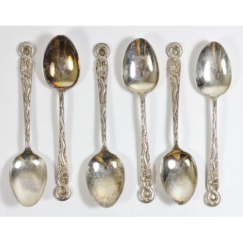 137 - A Chinese silver set of six cast tea spoons by Tuck Tang & Co, Shanghai, c.1890/1920, with chased dr... 