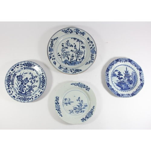 139 - An 18th century Chinese blue and white plate with pagoda decoration, 23cm, another with a rocky land... 