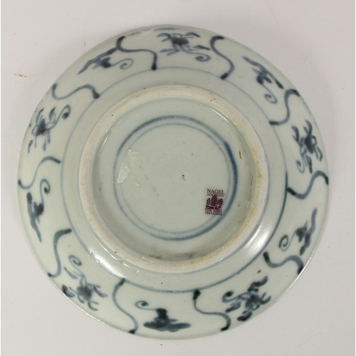 141 - Three Chinese Tek Sing plates, circa 1820s, decorated with blue and white lotus designs, retains Nag... 