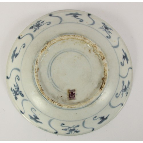 141 - Three Chinese Tek Sing plates, circa 1820s, decorated with blue and white lotus designs, retains Nag... 