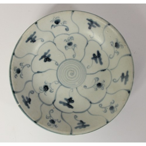 142 - Three Chinese Tek Sing plates, circa 1820s, decorated with blue and white lotus designs, retains Nag... 