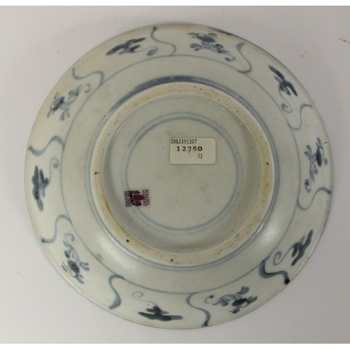 142 - Three Chinese Tek Sing plates, circa 1820s, decorated with blue and white lotus designs, retains Nag... 