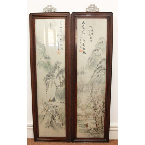 145 - A pair of Chinese silk panels with woven mountain scenes, woven characters and seal marks, 105 x 30c... 