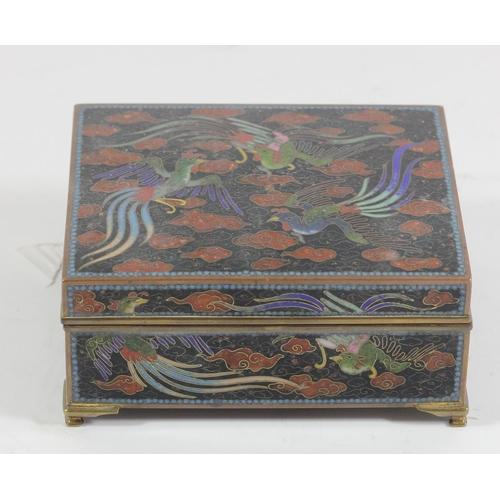 147 - A Japanese cloisonné rectangular box, the hinged lid decorated with birds, the sides similarly decor... 